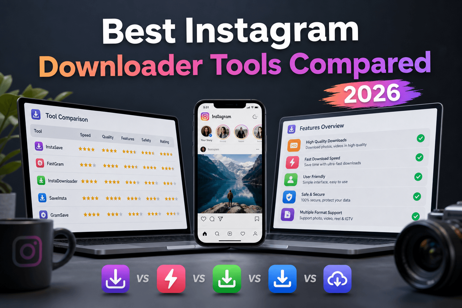 Comparison graphic for the best Instagram downloader tools in 2026