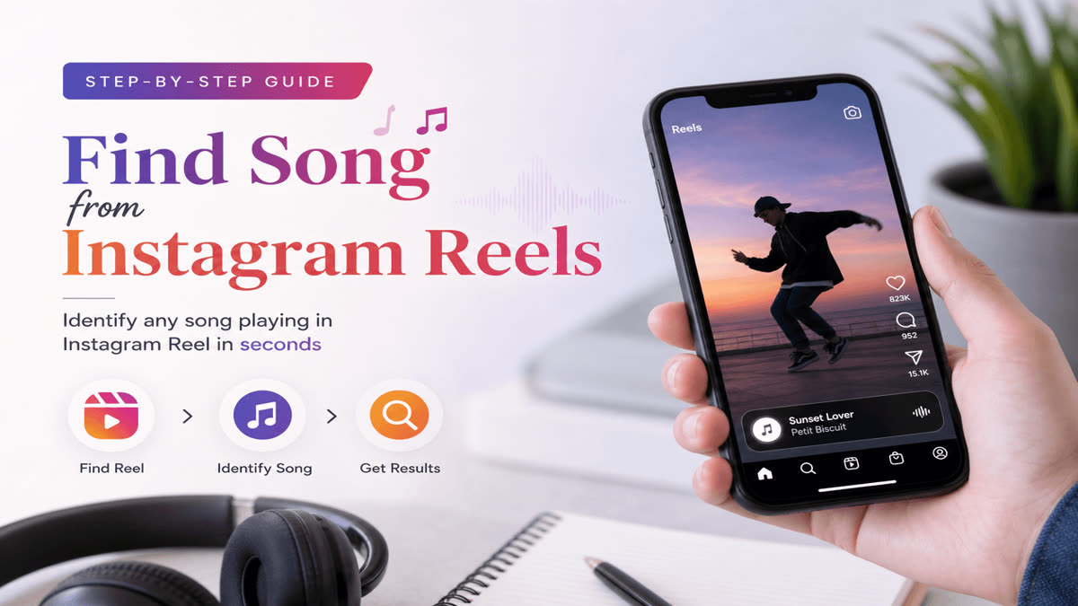 Illustration of identifying a song playing in an Instagram Reel using a music recognition app