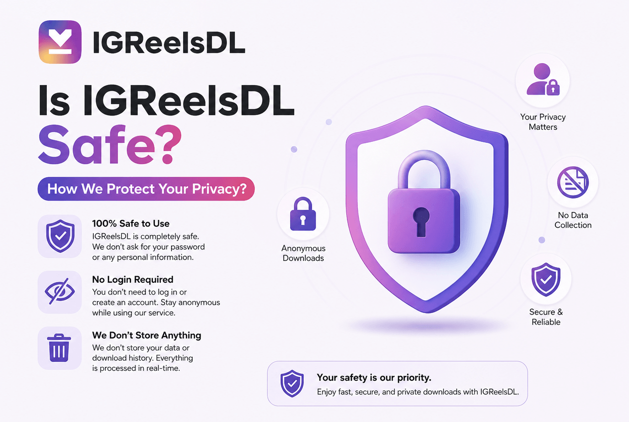 Privacy and safety checklist graphic for the IGReelsDL Instagram downloader